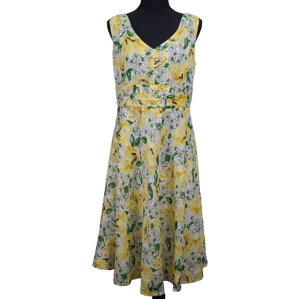 Robbie Beeβ Floral Midi Dress Womens 12P Yellow Pin Up Retro 90s Rockabilly Vtg